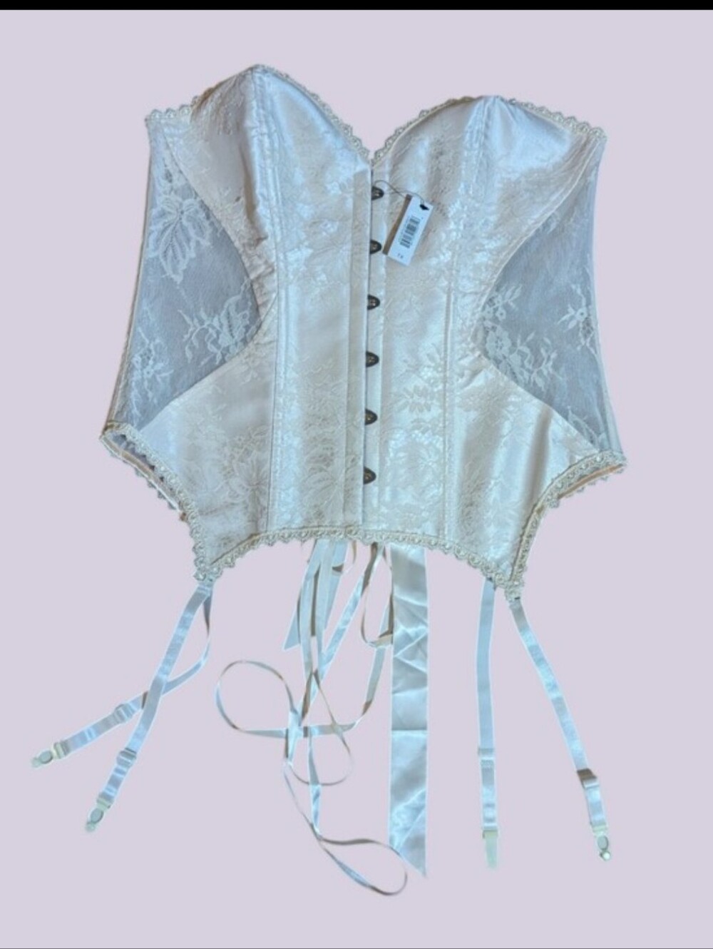 New Ivory Lace Strapless Boned Corset Bustier Satin Ribbons Garters Sexy Sz 1x